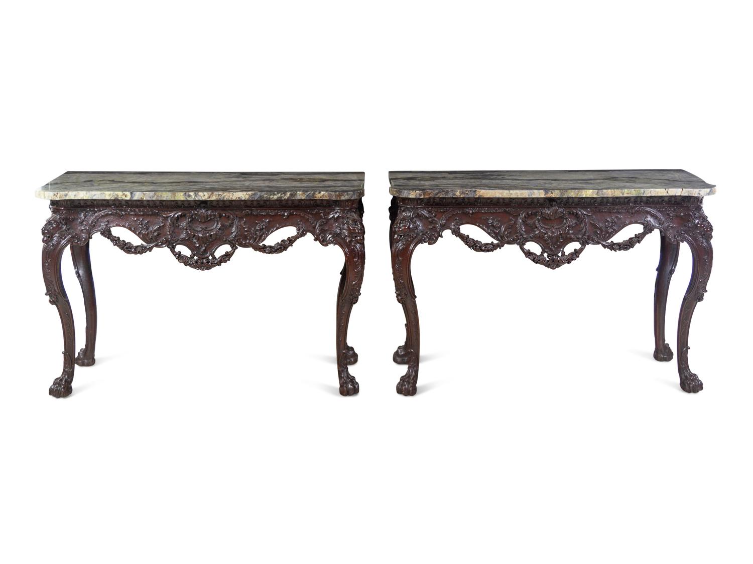 A Pair of George II Style Carved Walnut Marble-Top Pier Tables