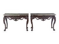 A Pair of George II Style Carved Walnut Marble-Top Pier Tables