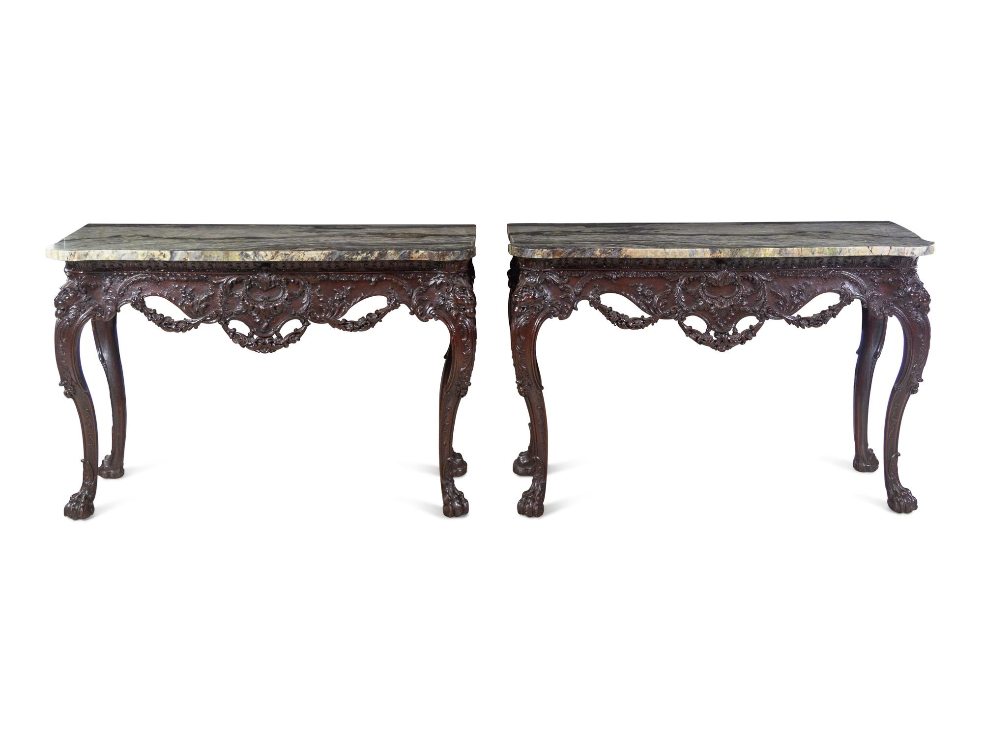 A Pair of George II Style Carved Walnut Marble-Top Pier Tables