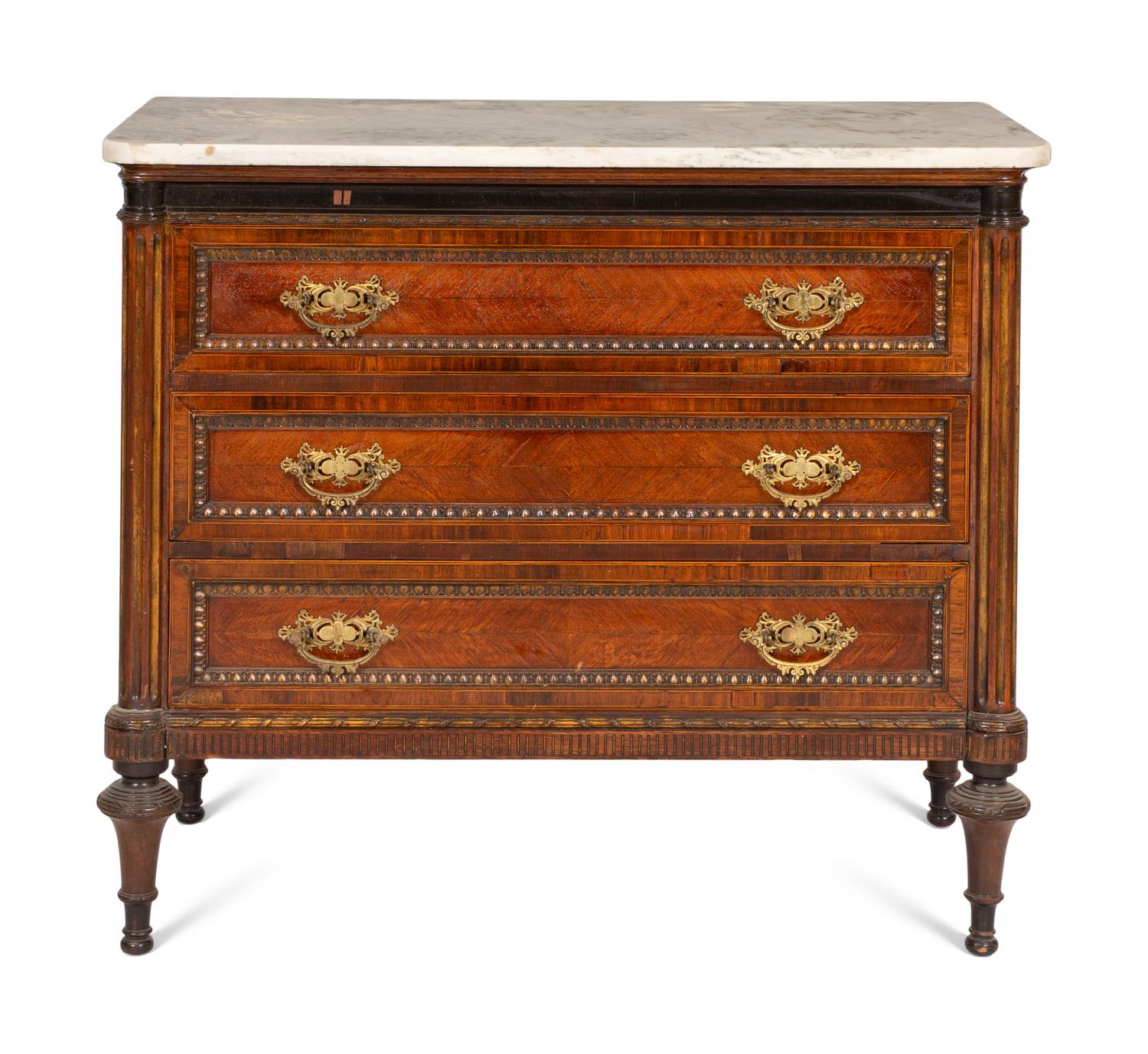 A Pair of Louis XVI Style Gilt Bronze Mounted Mahogany Marble-Top Chests of Drawers