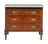 A Pair of Louis XVI Style Gilt Bronze Mounted Mahogany Marble-Top Chests of Drawers