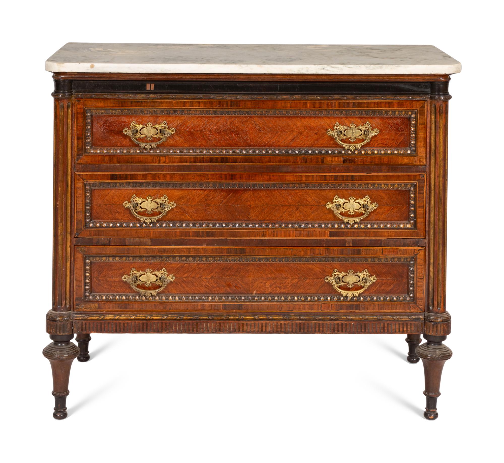 A Pair of Louis XVI Style Gilt Bronze Mounted Mahogany Marble-Top Chests of Drawers