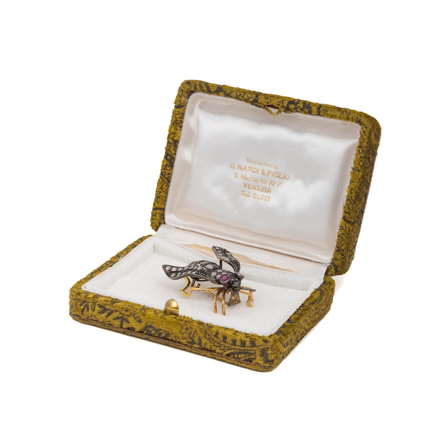 VINTAGE, DIAMOND, RUBY, GOLD, AND SILVER INSECT BROOCH
