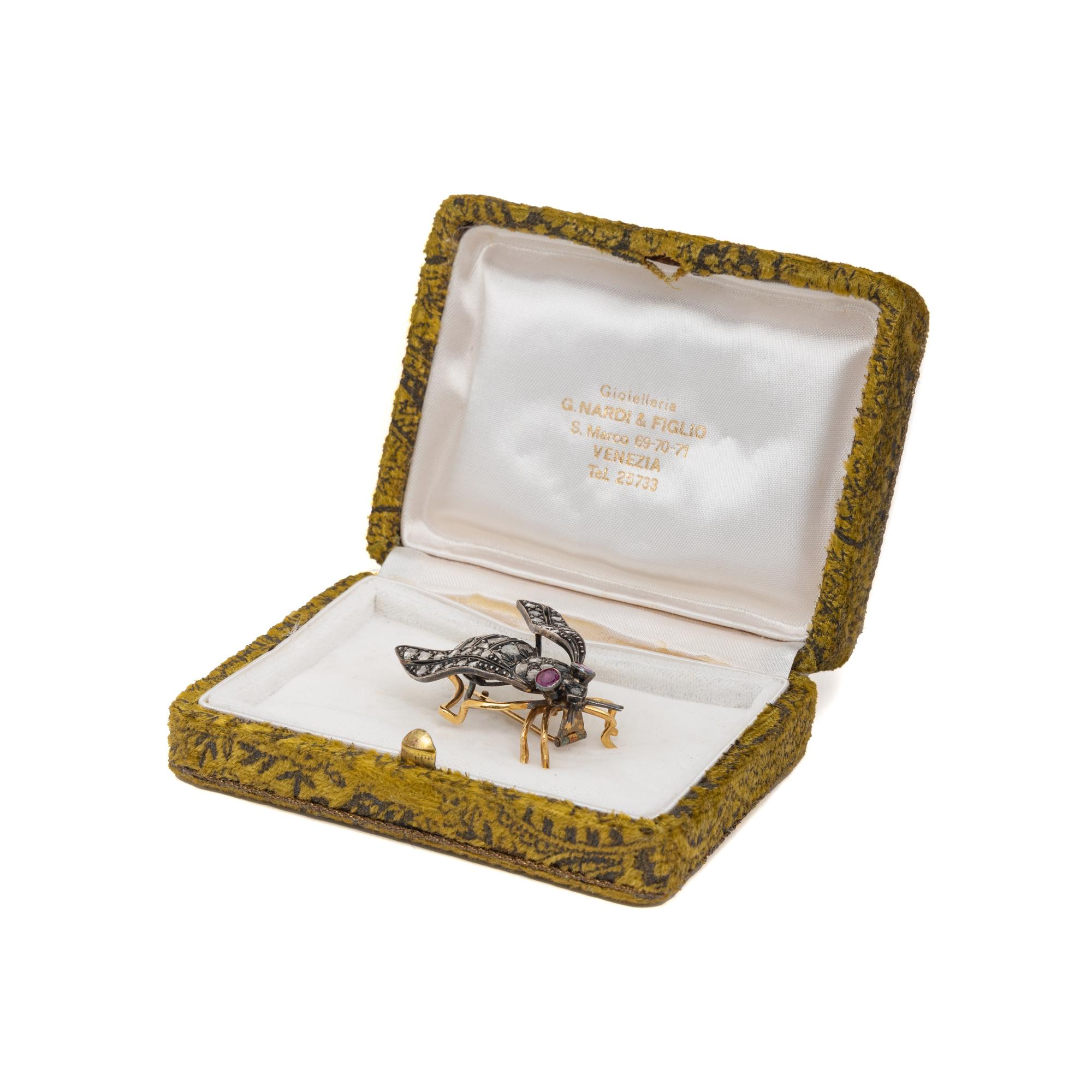 VINTAGE, DIAMOND, RUBY, GOLD, AND SILVER INSECT BROOCH