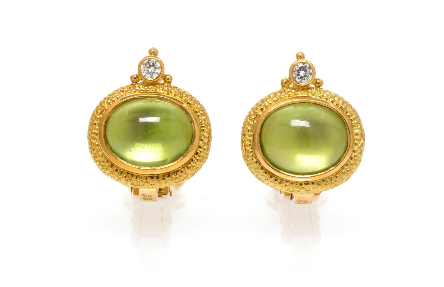 A Pair of 18 Karat Yellow Gold, Peridot and Diamond Earclips, Elizabeth Gage, 10.20 dwts.