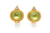 A Pair of 18 Karat Yellow Gold, Peridot and Diamond Earclips, Elizabeth Gage, 10.20 dwts.