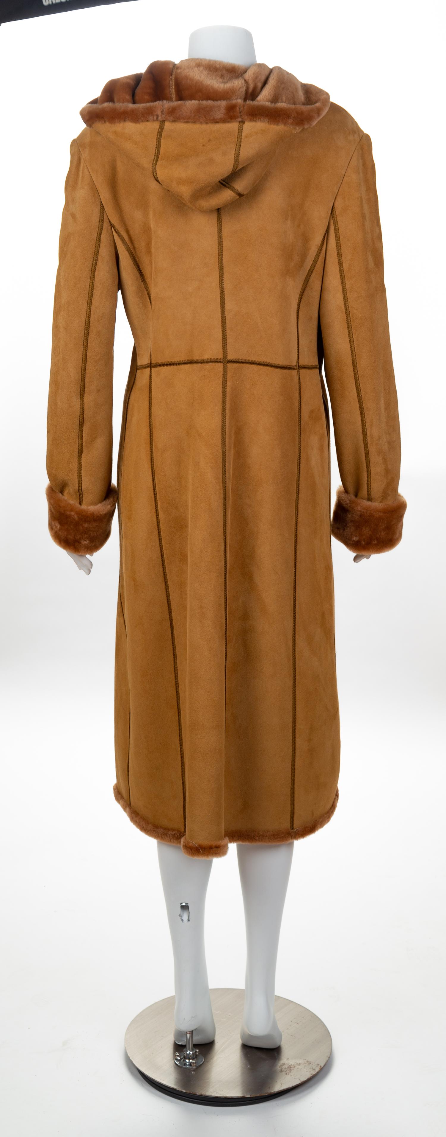 A Camel Shearling Coat with Hood, Size 12.