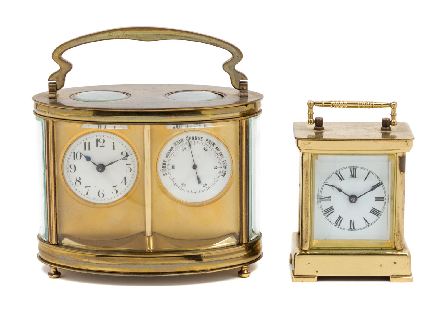 Two French Brass Carriage Clocks Height of first 4 1/2 x width 5 3/4 inches.