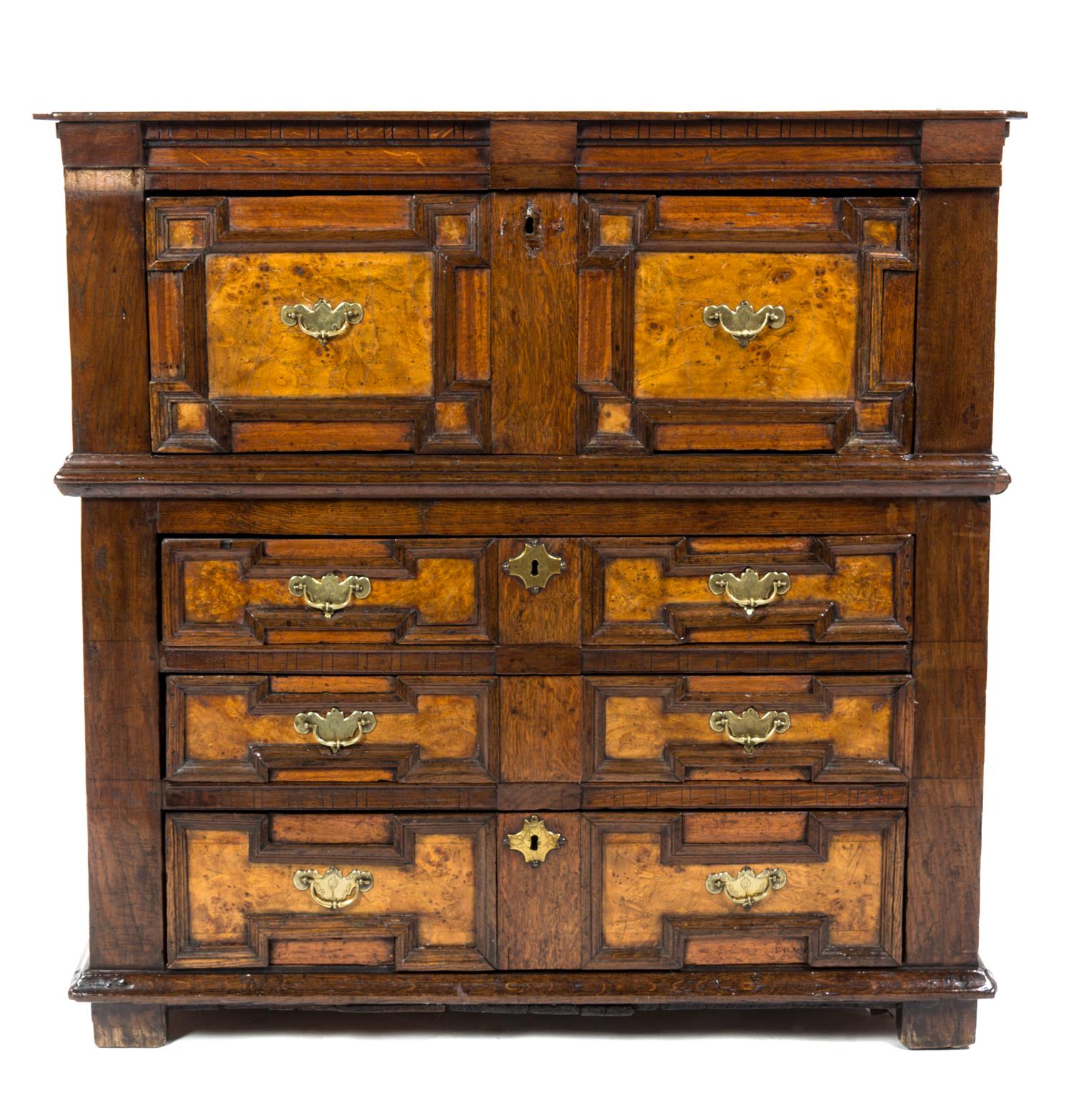 A Charles II Oak and Burlwood Chest of Drawers, Height 41 1/2 x width 41 1/2 x depth 20 1/2 inches.