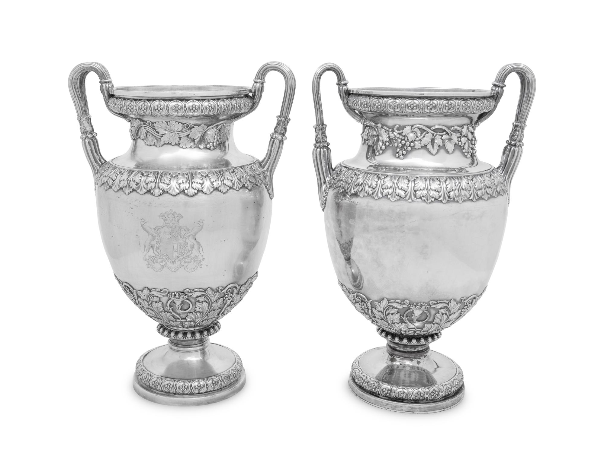 A Matched Pair of English Silver-Plate Urn-Form Wine Coolers