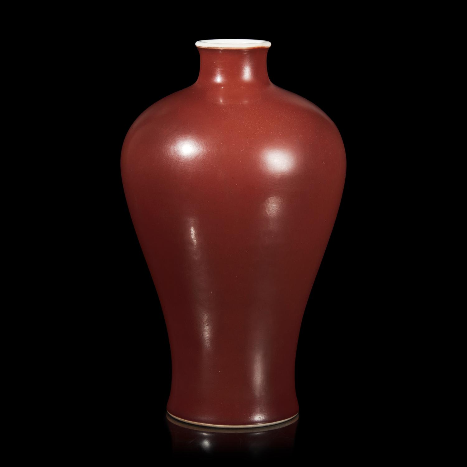 A Chinese Copper Red Glazed Vase, Meiping , Qianlong Six-Character Seal Mark and of the Period 清乾隆 紅釉梅瓶
