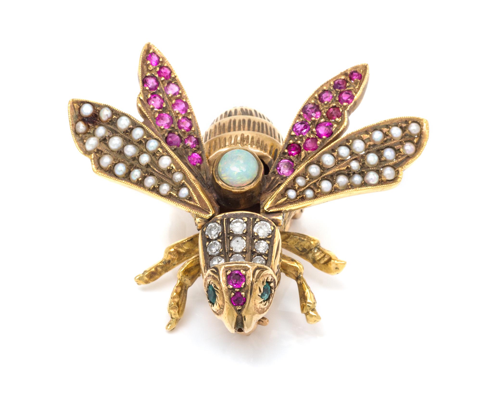 A Yellow Gold, Diamond, Ruby, Opal, and Emerald Bee Brooch 13.10 dwts.