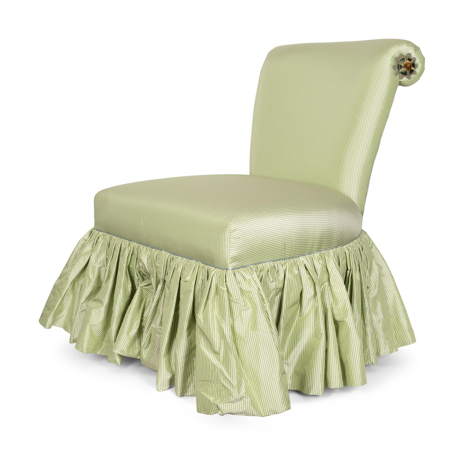 A Roll-Back Satin-Upholstered Skirted Slipper Chair