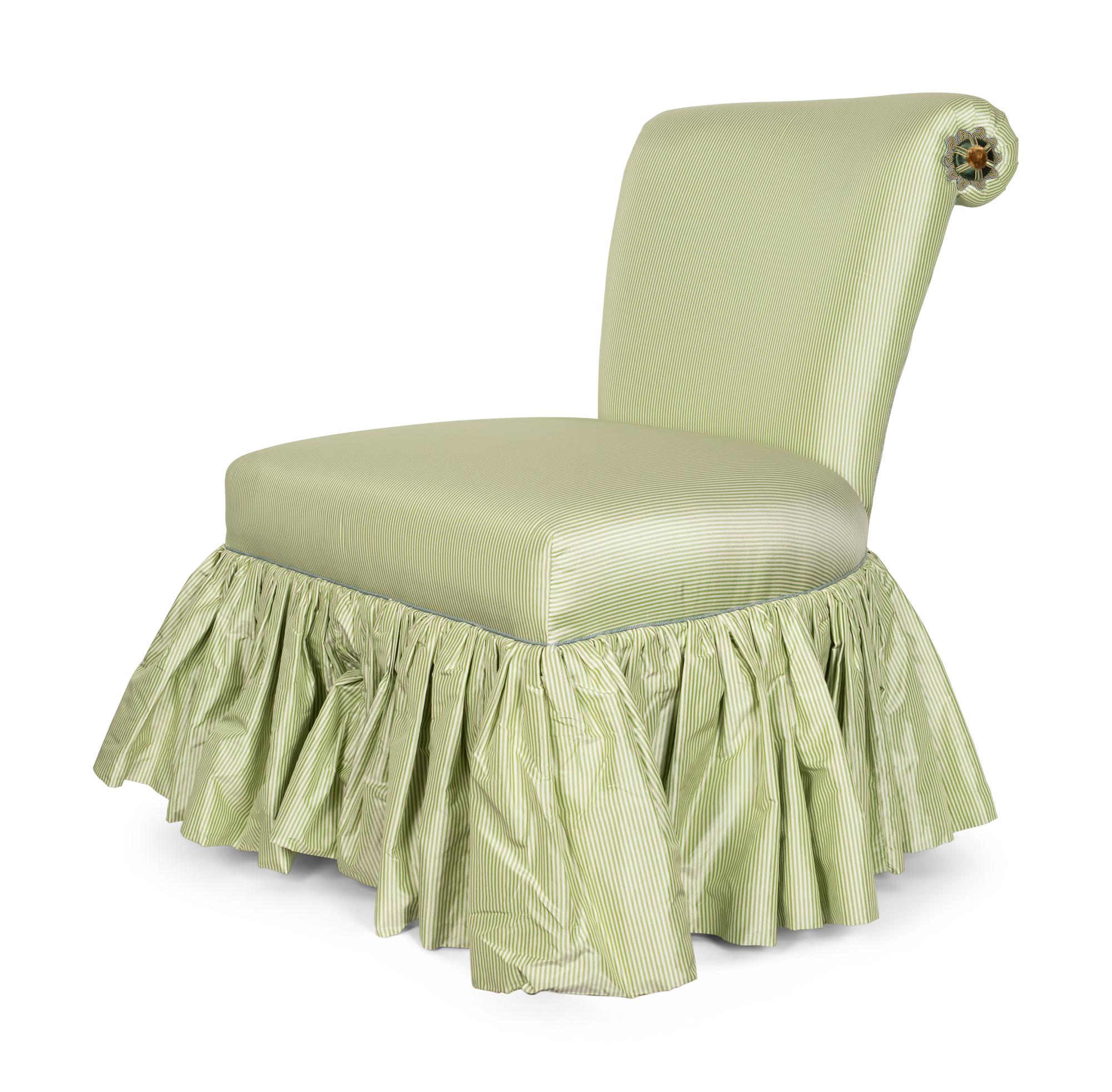 A Roll-Back Satin-Upholstered Skirted Slipper Chair