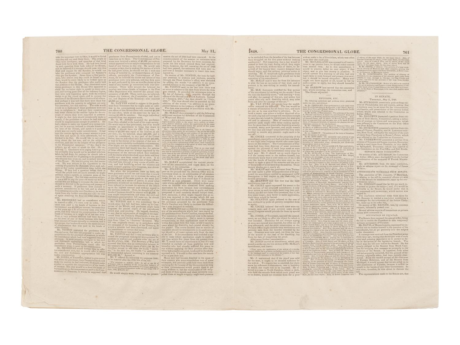 [LINCOLN, Abraham (1809-1865)]. The Congressional Globe . 30th Congress, 1st Session. New Series No. 48. Washington, D.C.: Blair & Rives, 16 May 1848.