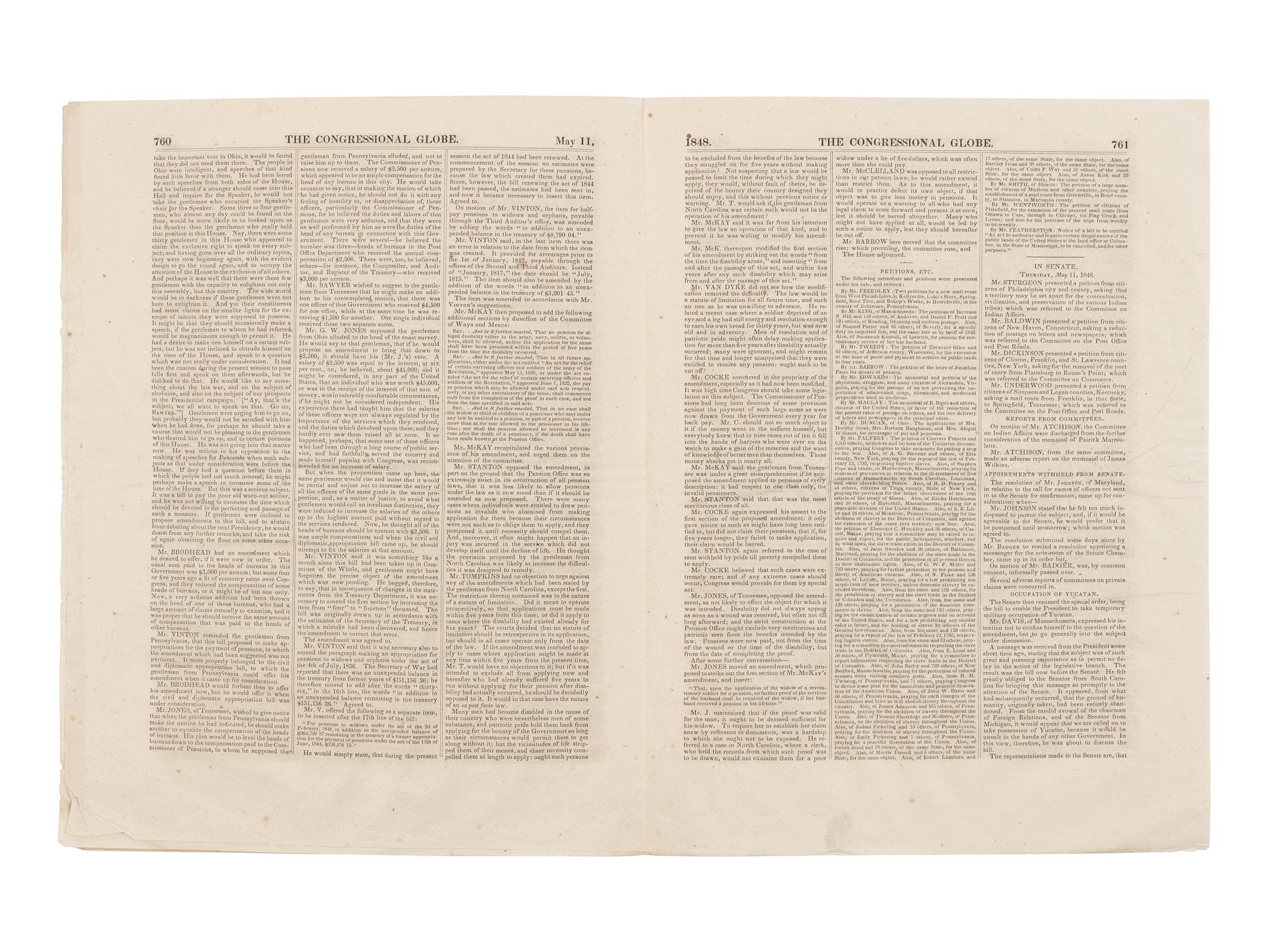 [LINCOLN, Abraham (1809-1865)]. The Congressional Globe . 30th Congress, 1st Session. New Series No. 48. Washington, D.C.: Blair & Rives, 16 May 1848.
