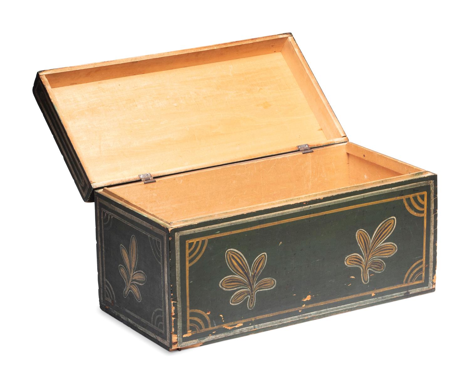 A Country Green, Yellow and White Painted Palm Leaf-Decorated Maple Blanket Chest