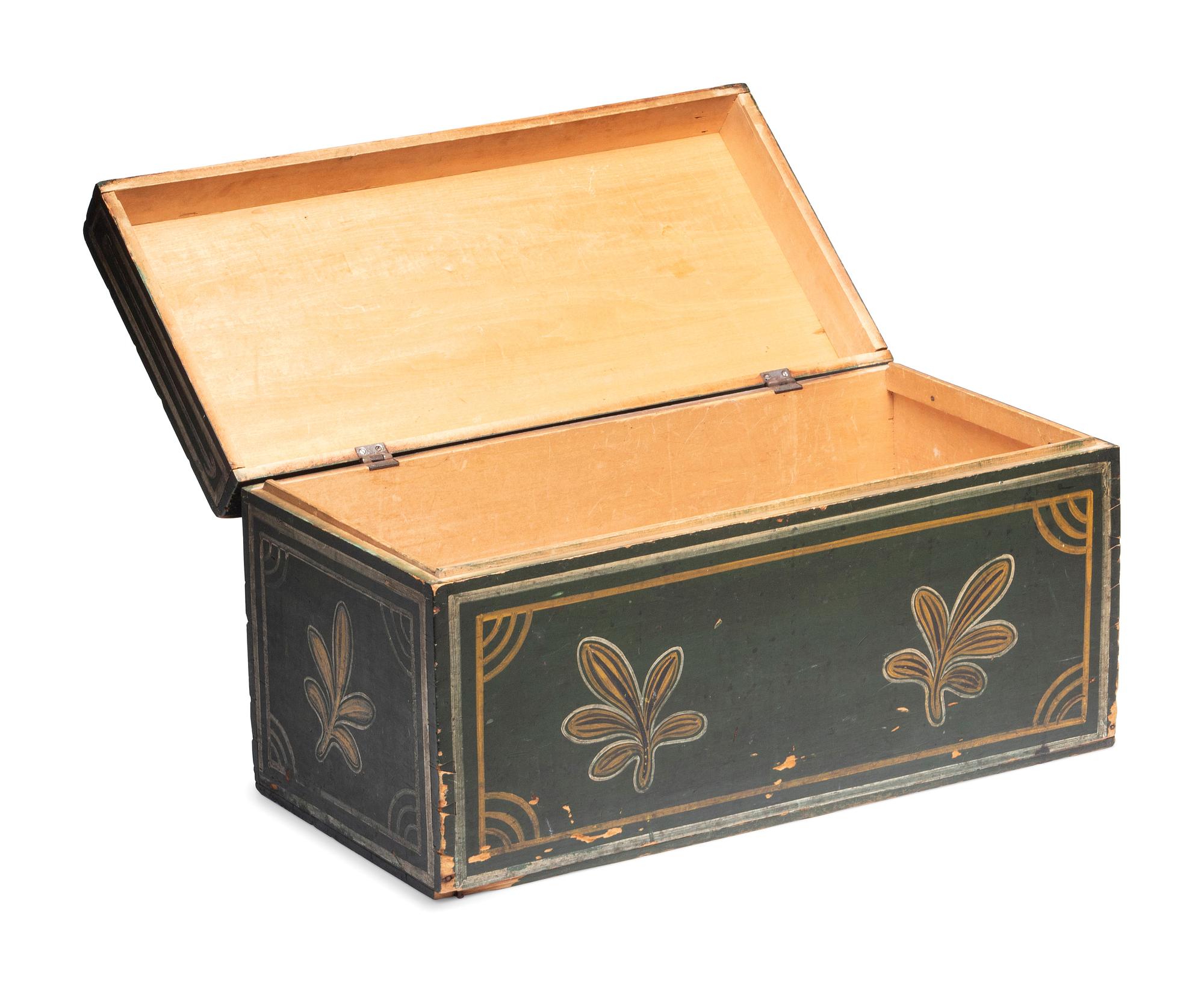 A Country Green, Yellow and White Painted Palm Leaf-Decorated Maple Blanket Chest
