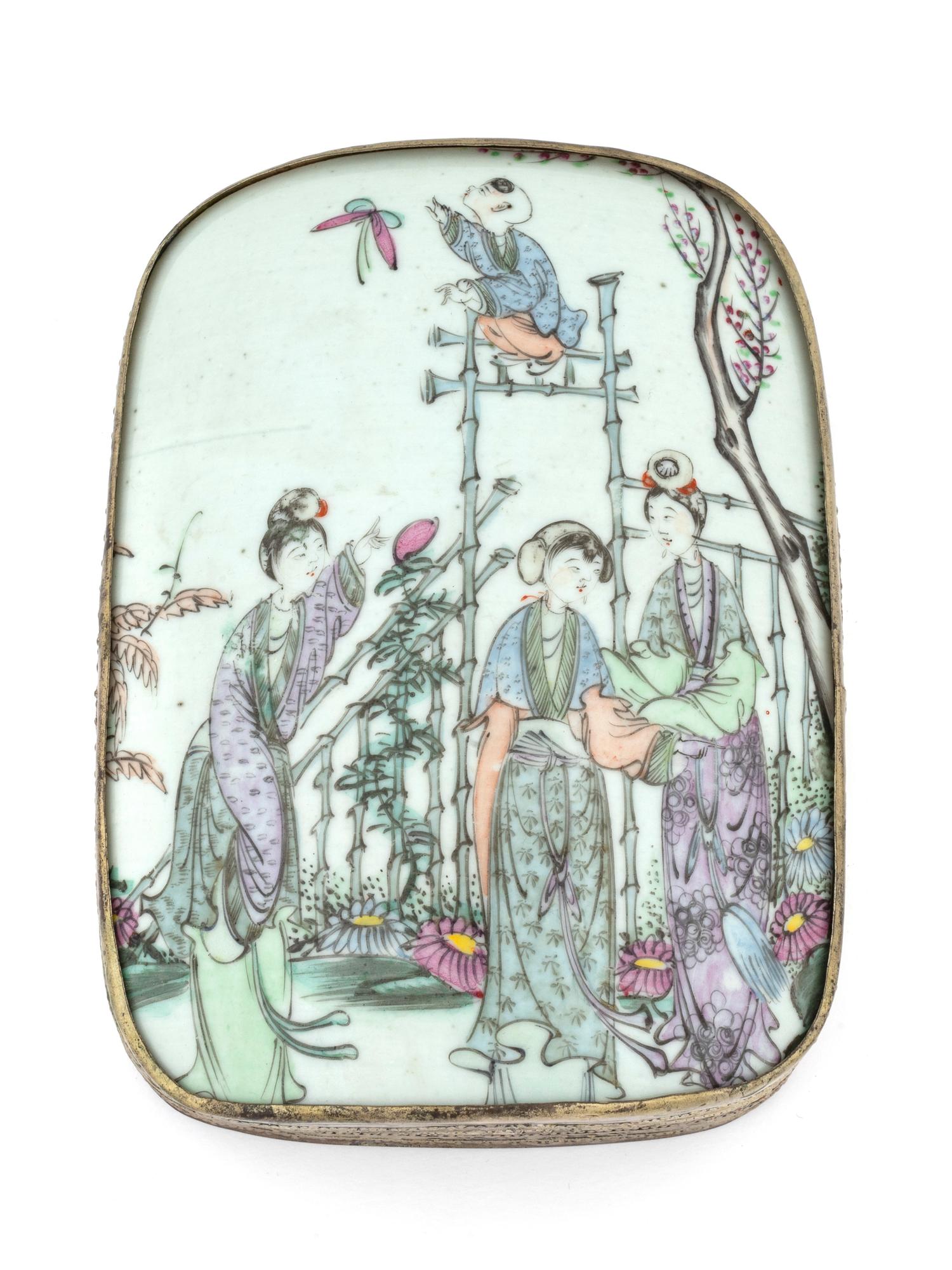 A Chinese Export Painted Porcelain Fragment Mounted in Silvered Metal Box Lid