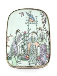 A Chinese Export Painted Porcelain Fragment Mounted in Silvered Metal Box Lid
