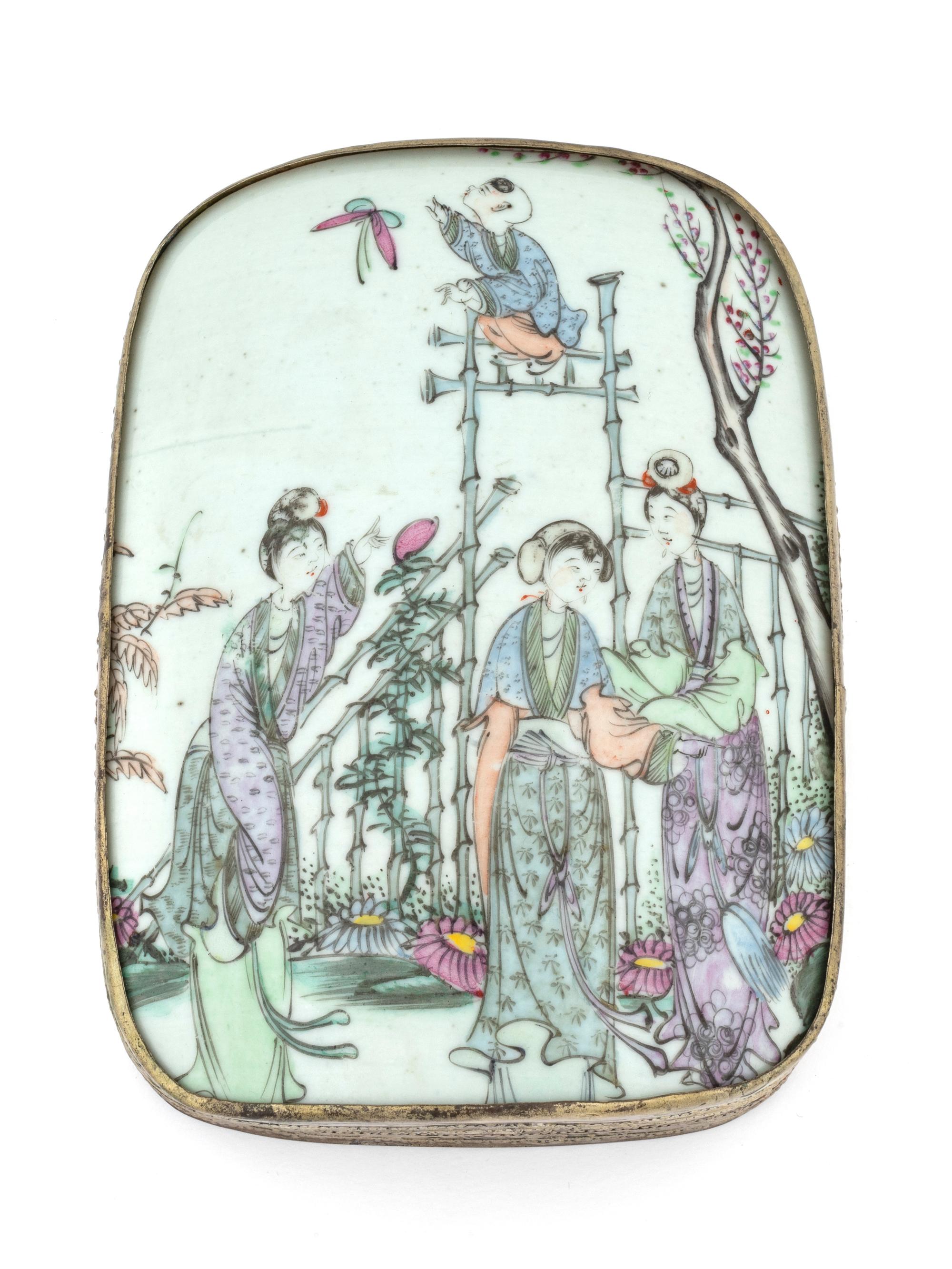 A Chinese Export Painted Porcelain Fragment Mounted in Silvered Metal Box Lid