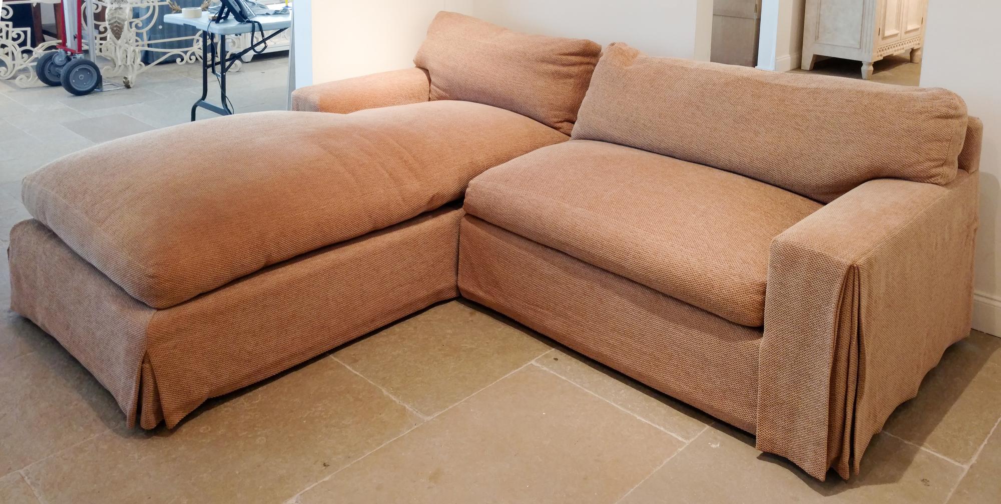 A Beige Chenille Two-Part Sectional Sofa Height 31 x width 96 x depth 80 inches.