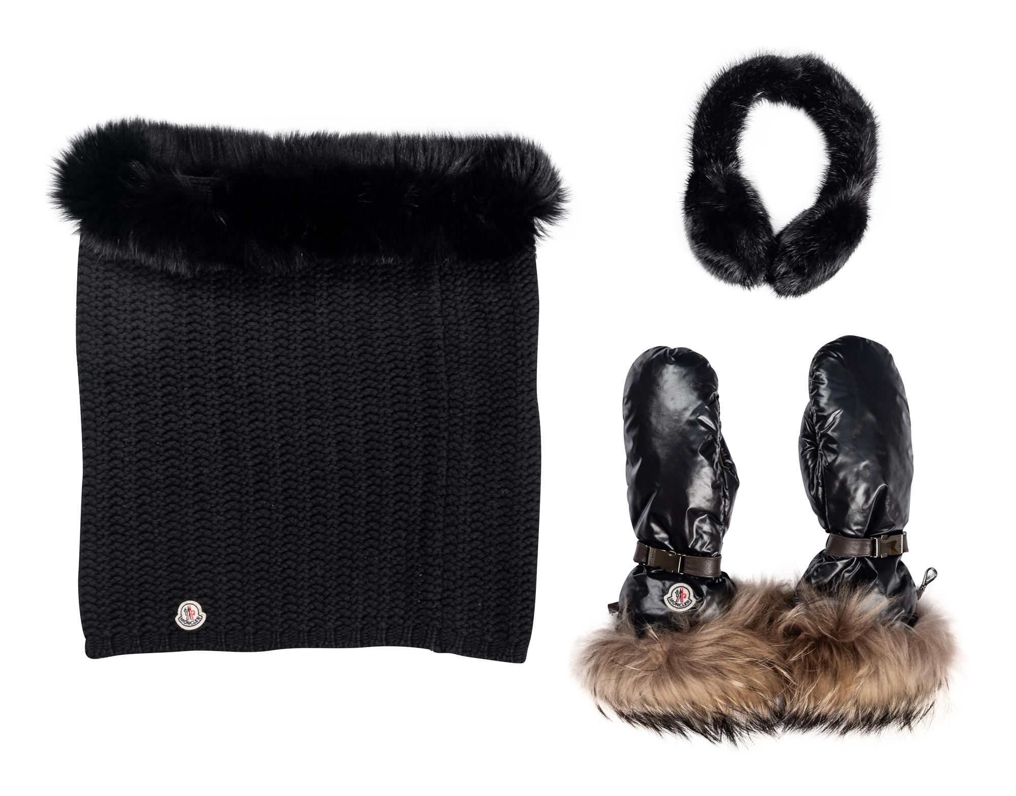 A Collection of Fur-Trimmed Winter Accessories: Moncler Mittens, Moncler Knit Collar, Prada Earmuffs