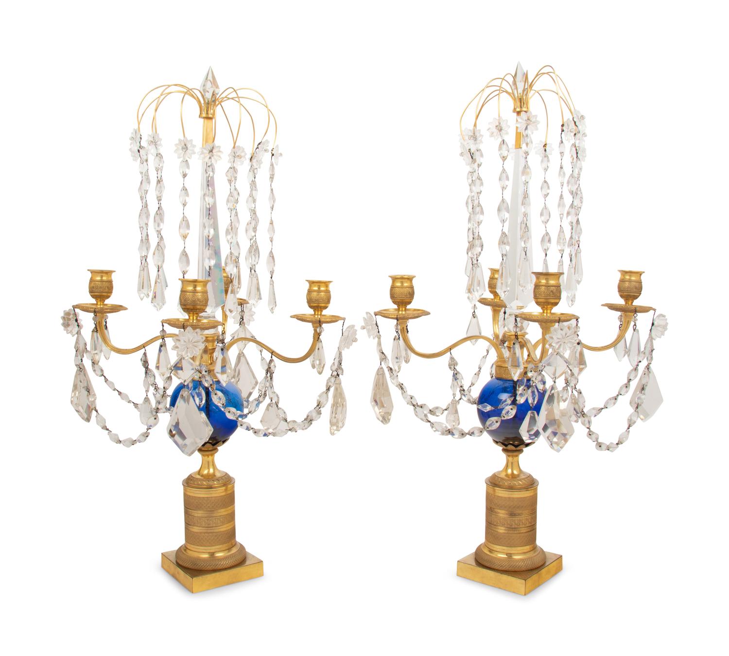 A Pair of Baltic Gilt Bronze, Cobalt and Cut Glass Four-Light Candelabra