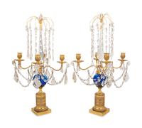 A Pair of Baltic Gilt Bronze, Cobalt and Cut Glass Four-Light Candelabra