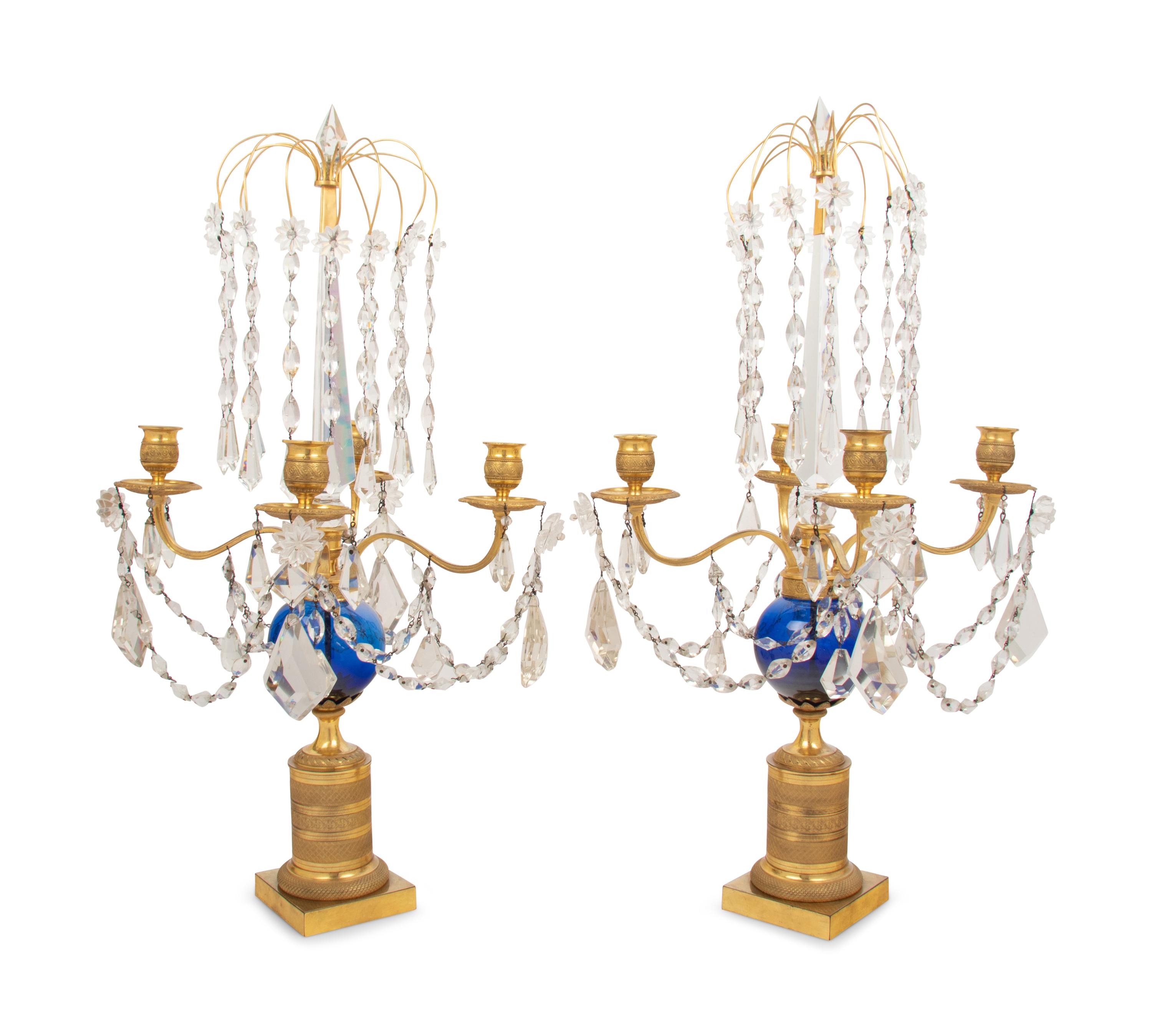 A Pair of Baltic Gilt Bronze, Cobalt and Cut Glass Four-Light Candelabra