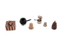 A Velvet-Clad Needlework Box, a Porcelain "Doll" Pin Cushion and a Collection of Thimble Cases