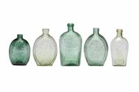 Five Molded Glass Green Flasks