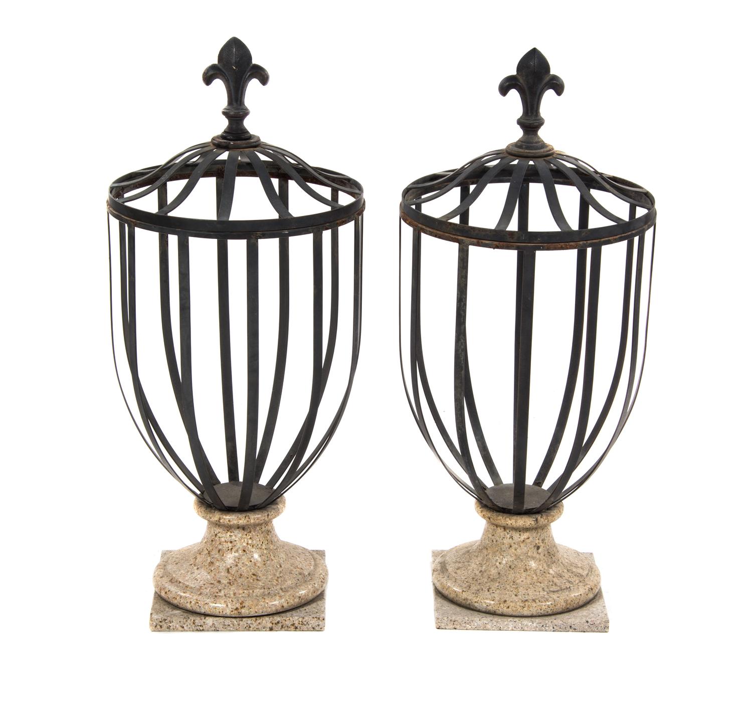 A Pair of Iron and Marble Garden Urns, 20TH CENTURY, Height overall 38 inches. — 20TH CENTURY,