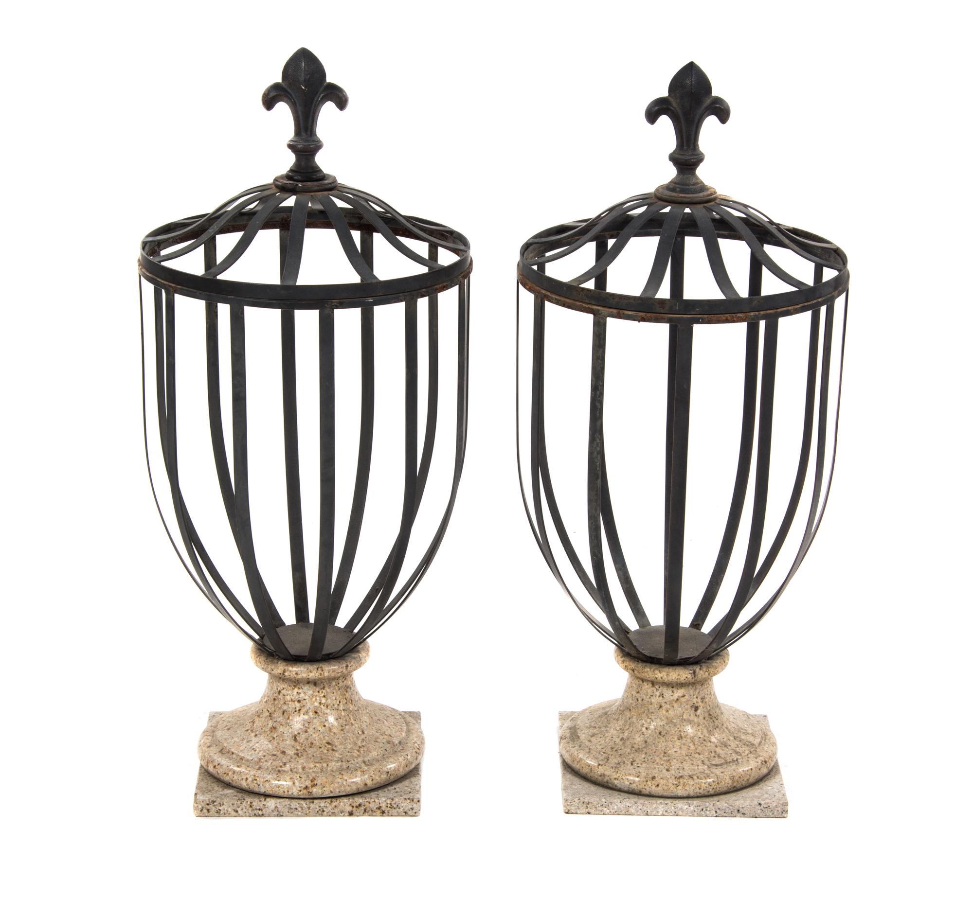 A Pair of Iron and Marble Garden Urns, 20TH CENTURY, Height overall 38 inches. — 20TH CENTURY,