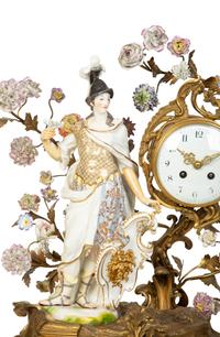 A Continental Gilt Bronze and Porcelain Figural Mantel Clock