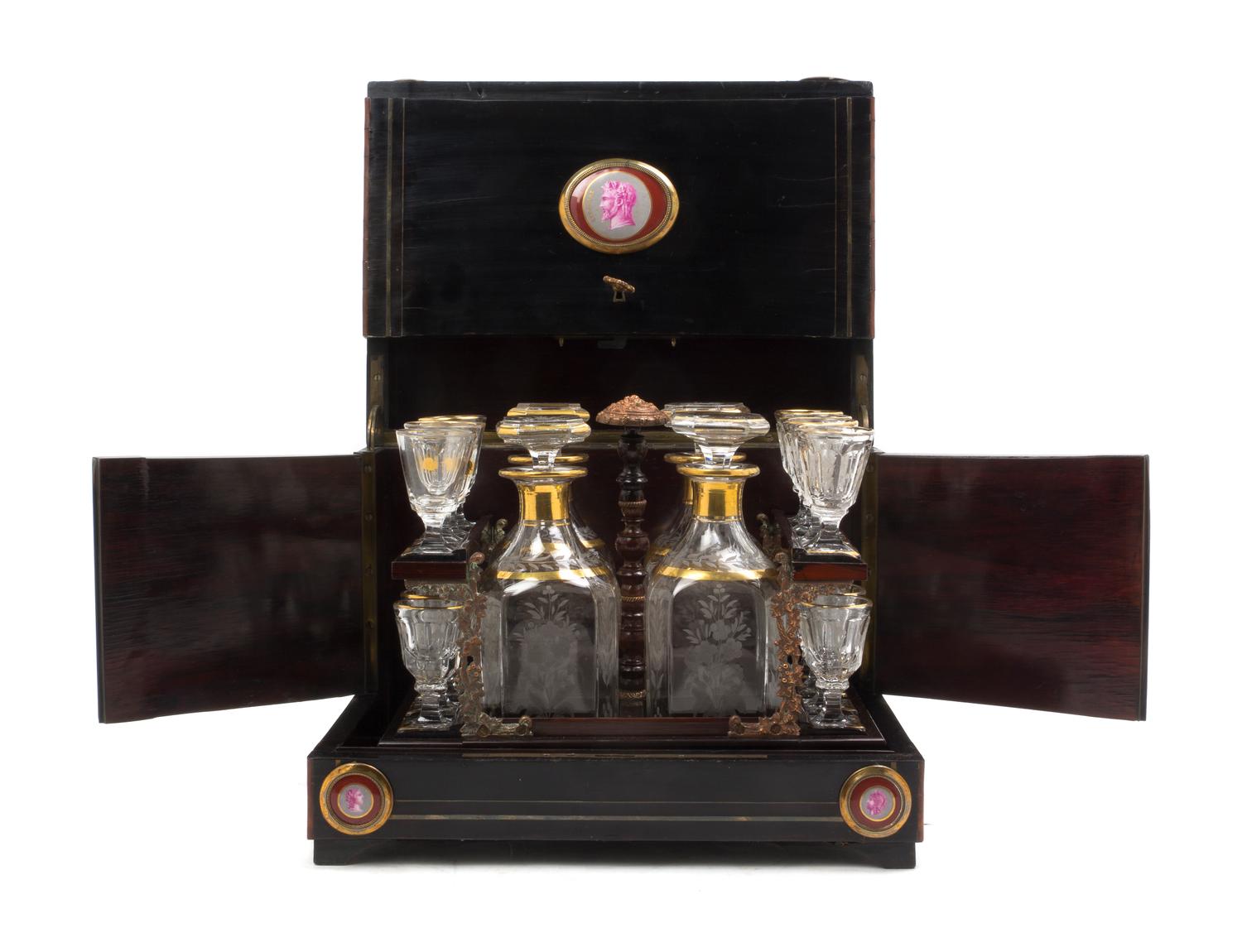 A Continental Brass Inlaid and Porcelain Mounted Cave a Liqueur, Height of case 10 1/2 x width 12 7/8 x depth 9 1/2 inches