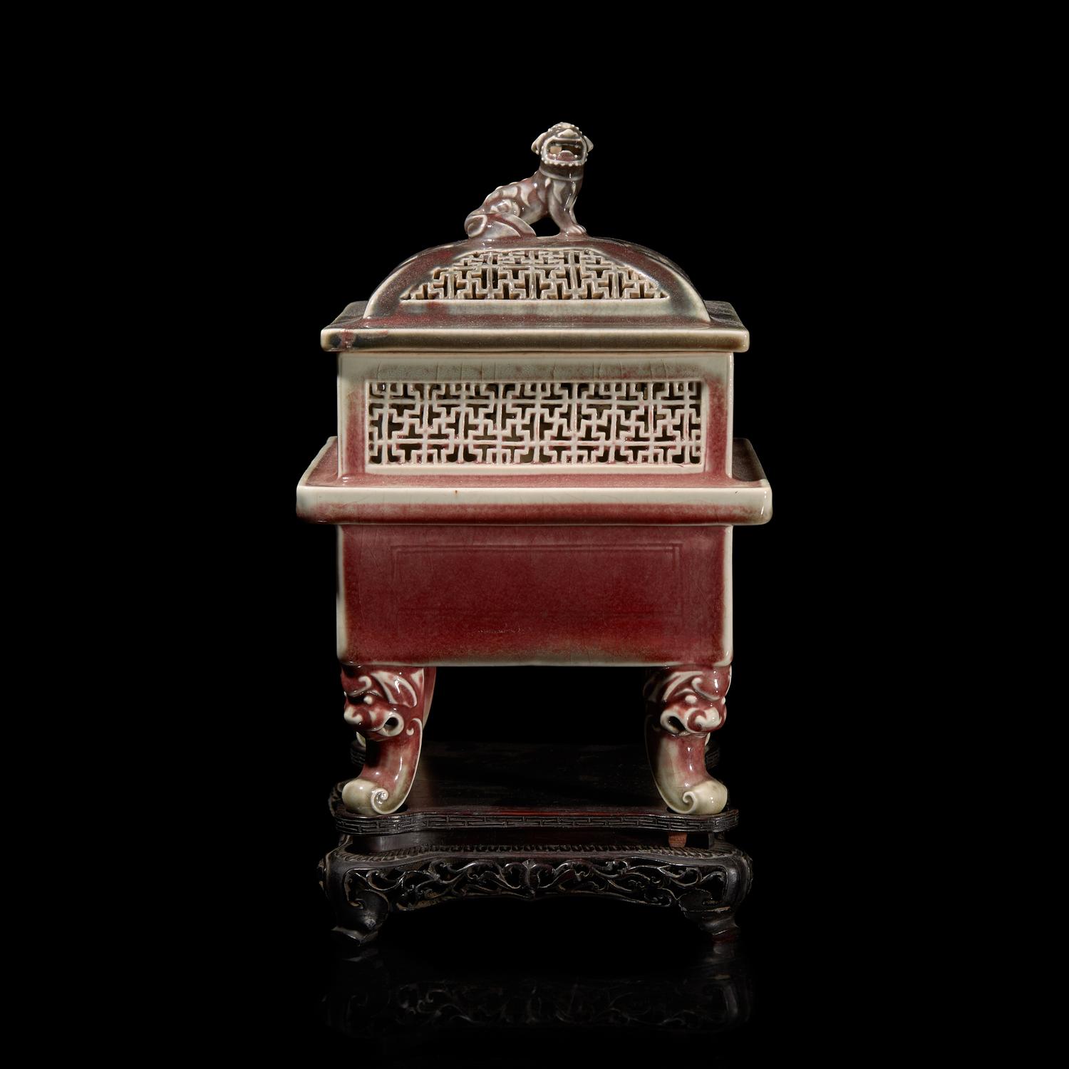 A Chinese Copper-Red Glazed Censer and Cover, Wood Stand 鏤空釉裡紅香爐