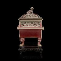 A Chinese Copper-Red Glazed Censer and Cover, Wood Stand 鏤空釉裡紅香爐
