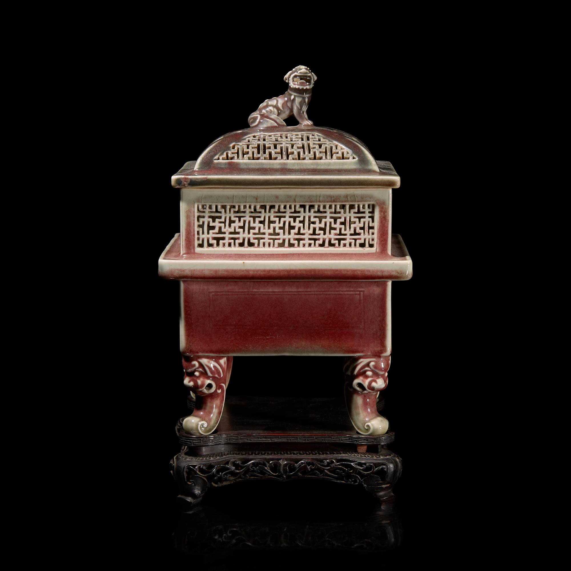 A Chinese Copper-Red Glazed Censer and Cover, Wood Stand 鏤空釉裡紅香爐