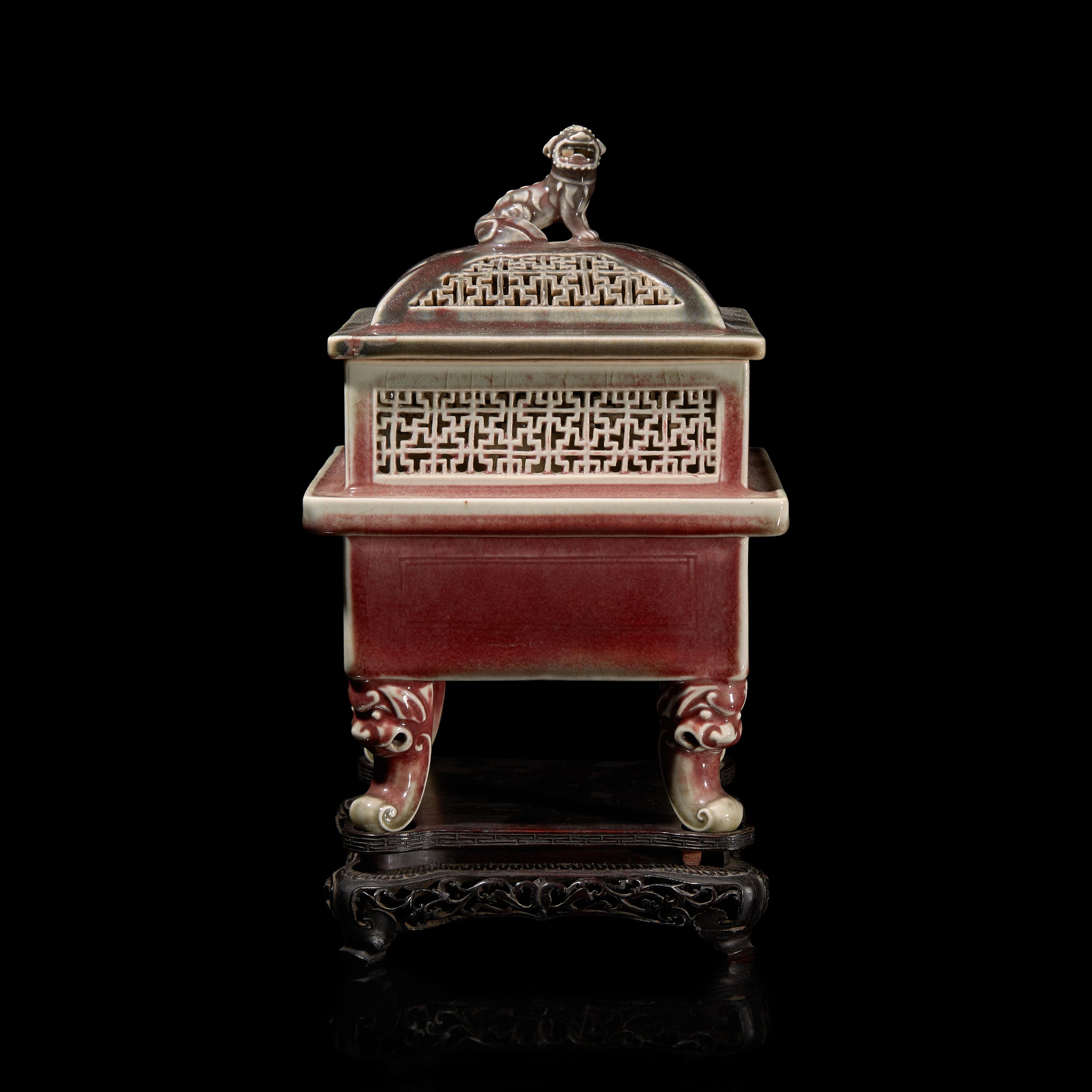 A Chinese Copper-Red Glazed Censer and Cover, Wood Stand 鏤空釉裡紅香爐