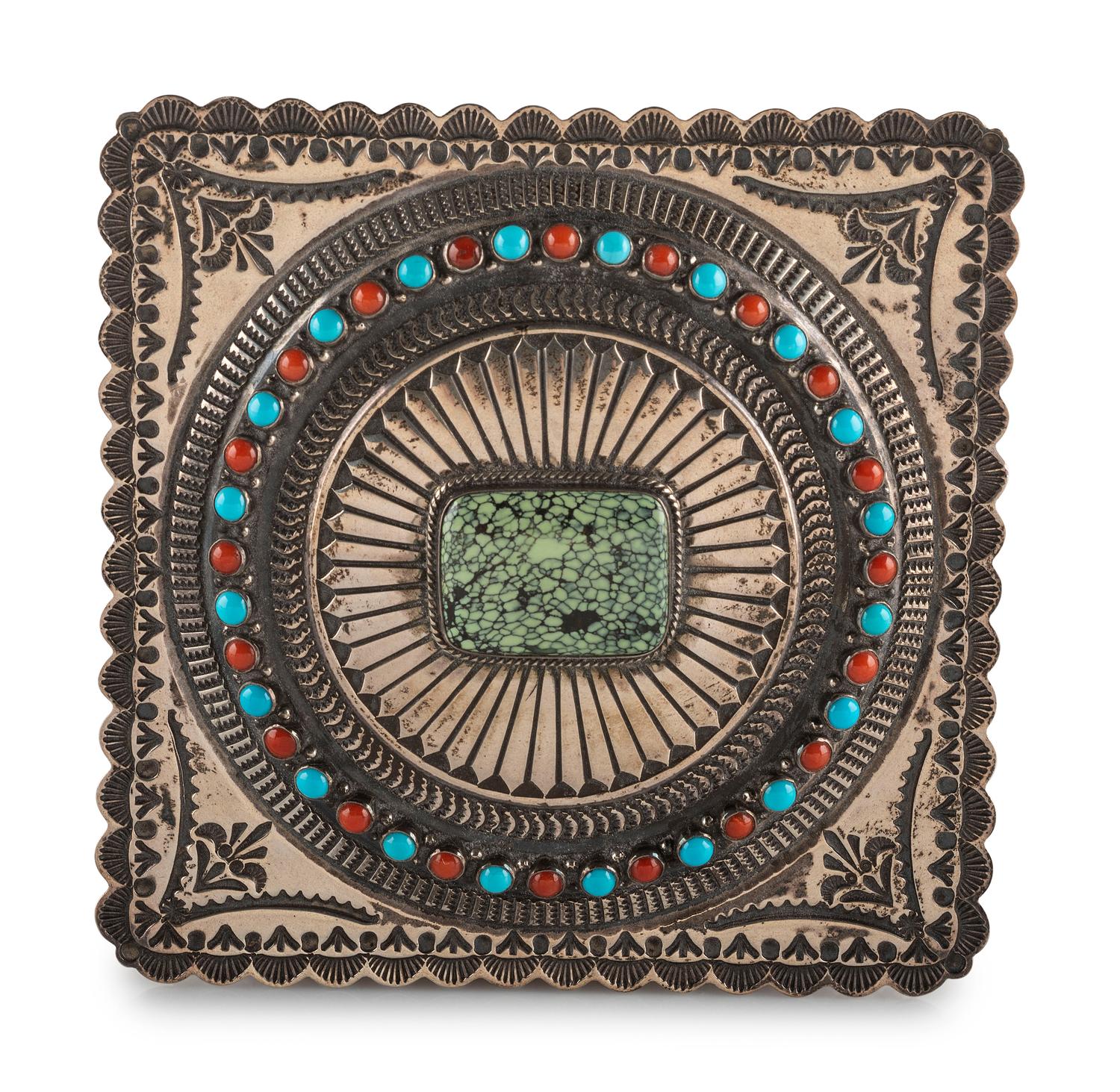 Heavily Stamped Sterling Silver Lidded Box, with Turquoise and Coral Inlay