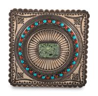 Heavily Stamped Sterling Silver Lidded Box, with Turquoise and Coral Inlay