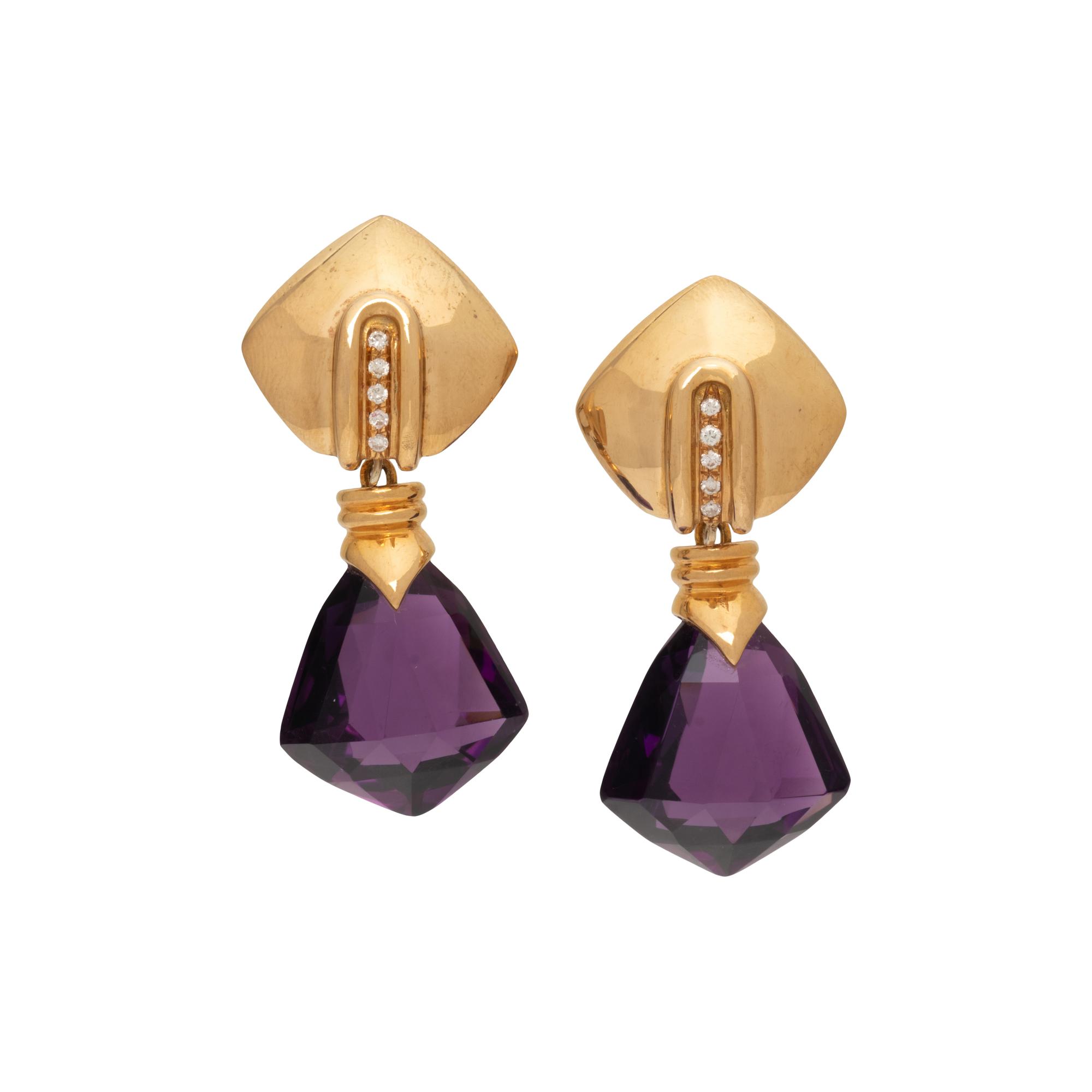 ANTONINI, YELLOW GOLD, AMETHYST, AND DIAMOND EARRINGS
