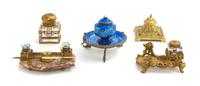 A Collection of Four Gilt Metal Mounted Inkwells, Height of tallest 4 1/2 inches.