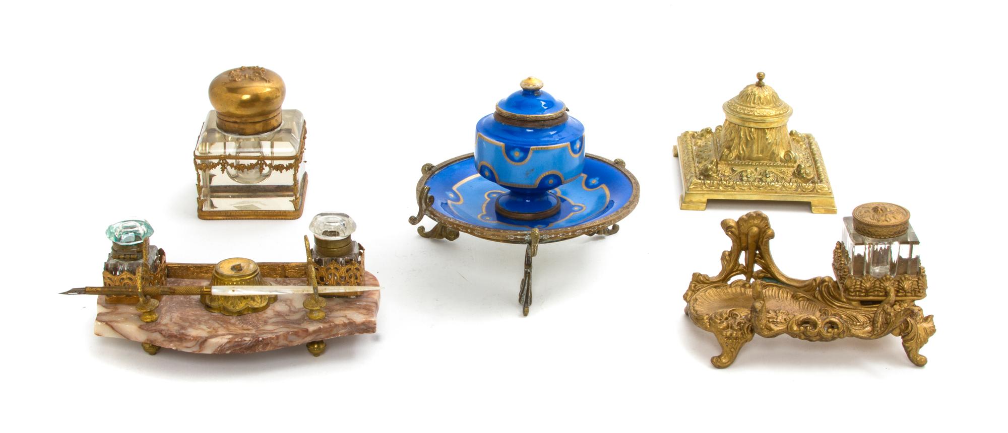 A Collection of Four Gilt Metal Mounted Inkwells, Height of tallest 4 1/2 inches.