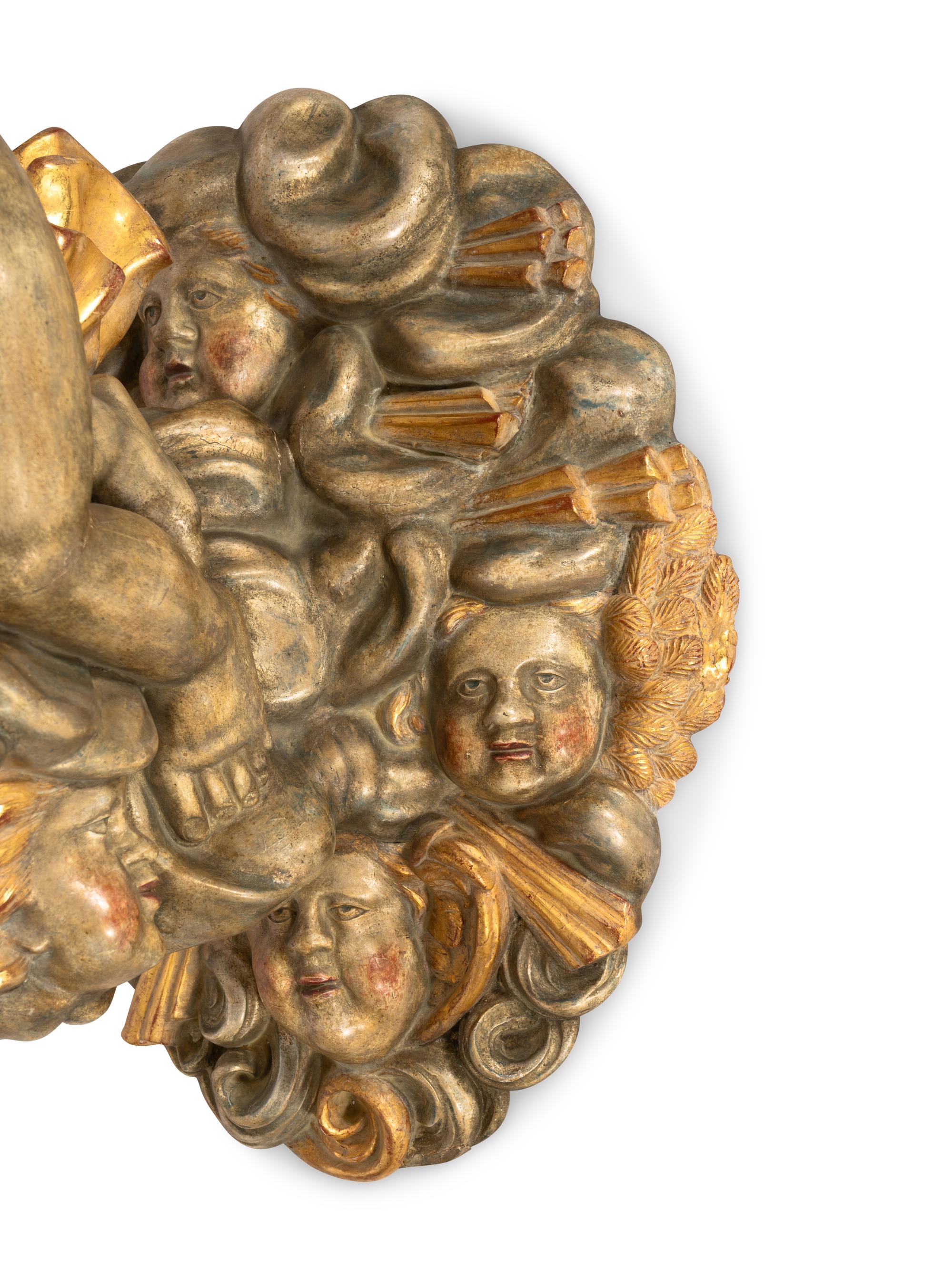 A Pair of Monumental Italian Polychrome Painted and Parcel Gilt Candle Sconces