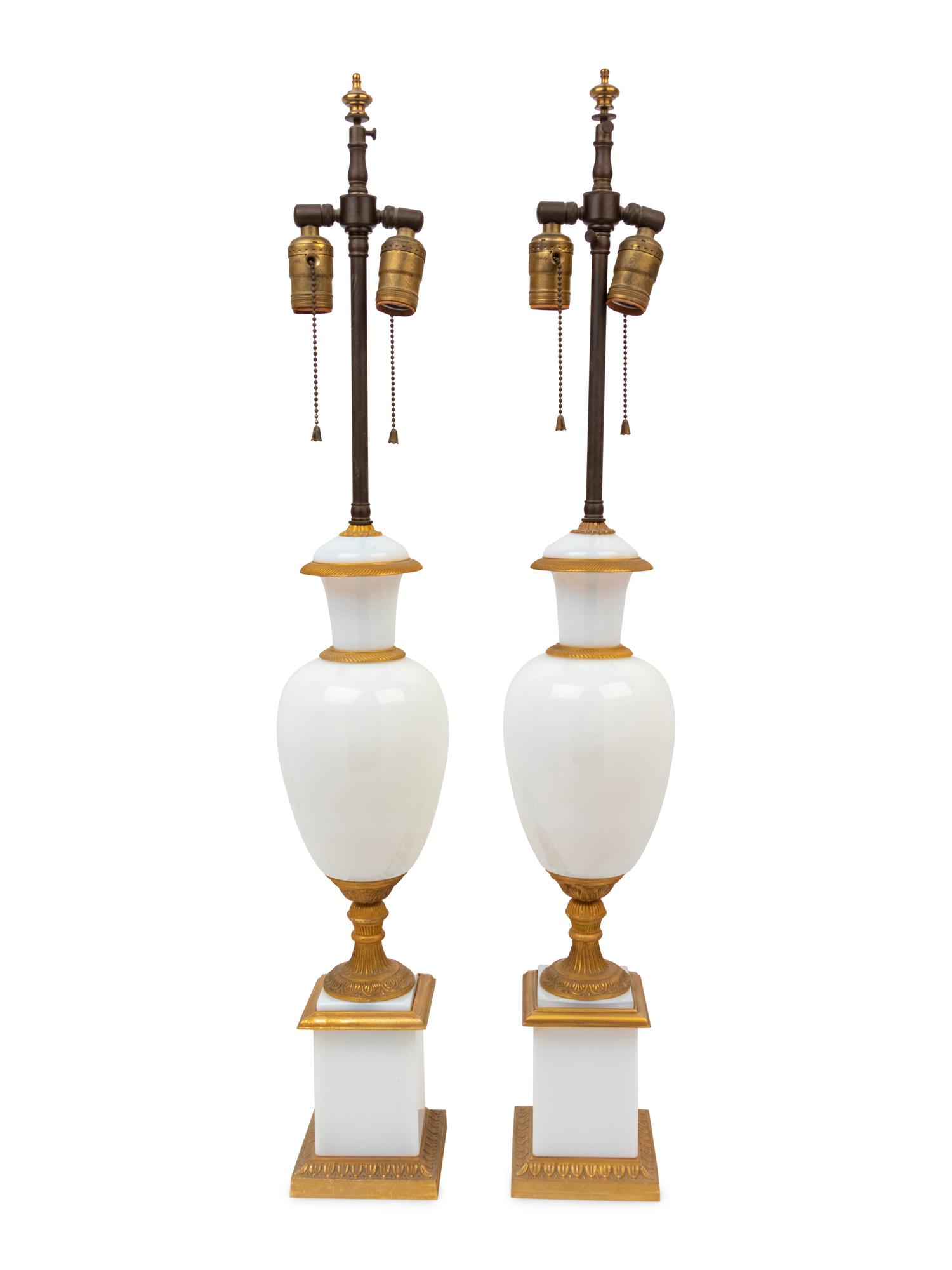 A Pair of French Gilt Bronze Mounted Opaline Glass Lamps