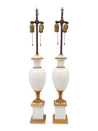 A Pair of French Gilt Bronze Mounted Opaline Glass Lamps