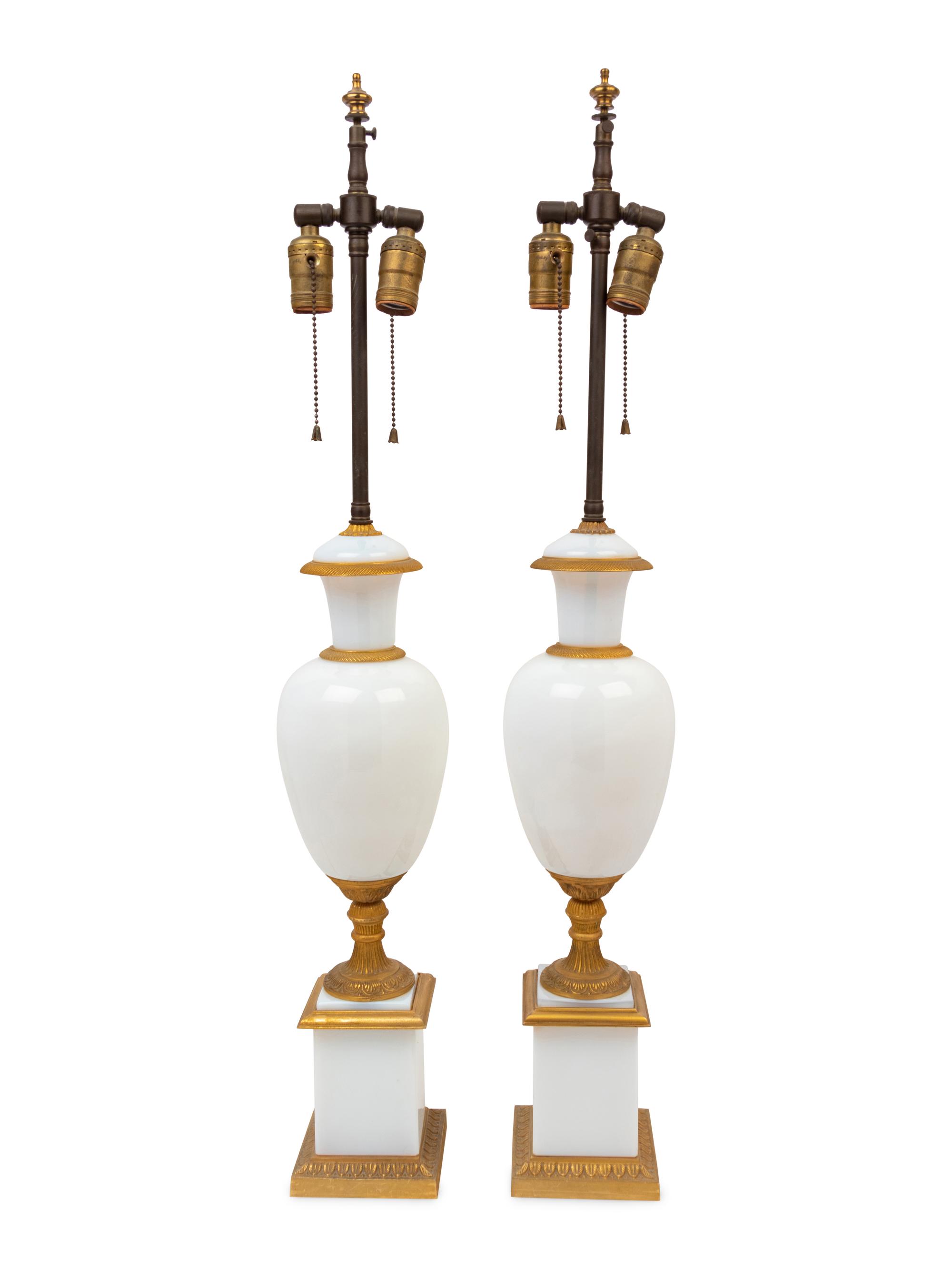 A Pair of French Gilt Bronze Mounted Opaline Glass Lamps