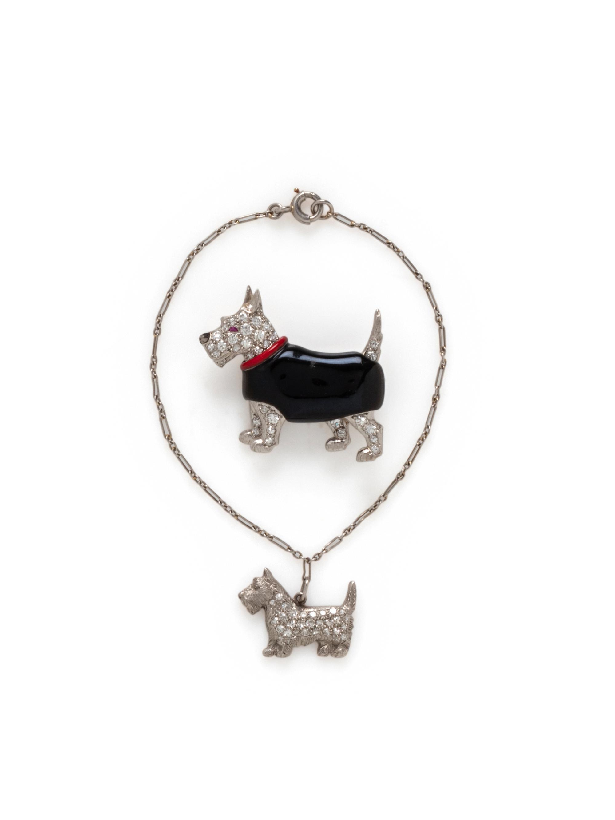 DIAMOND AND ENAMEL DOG MOTIF JEWELRY